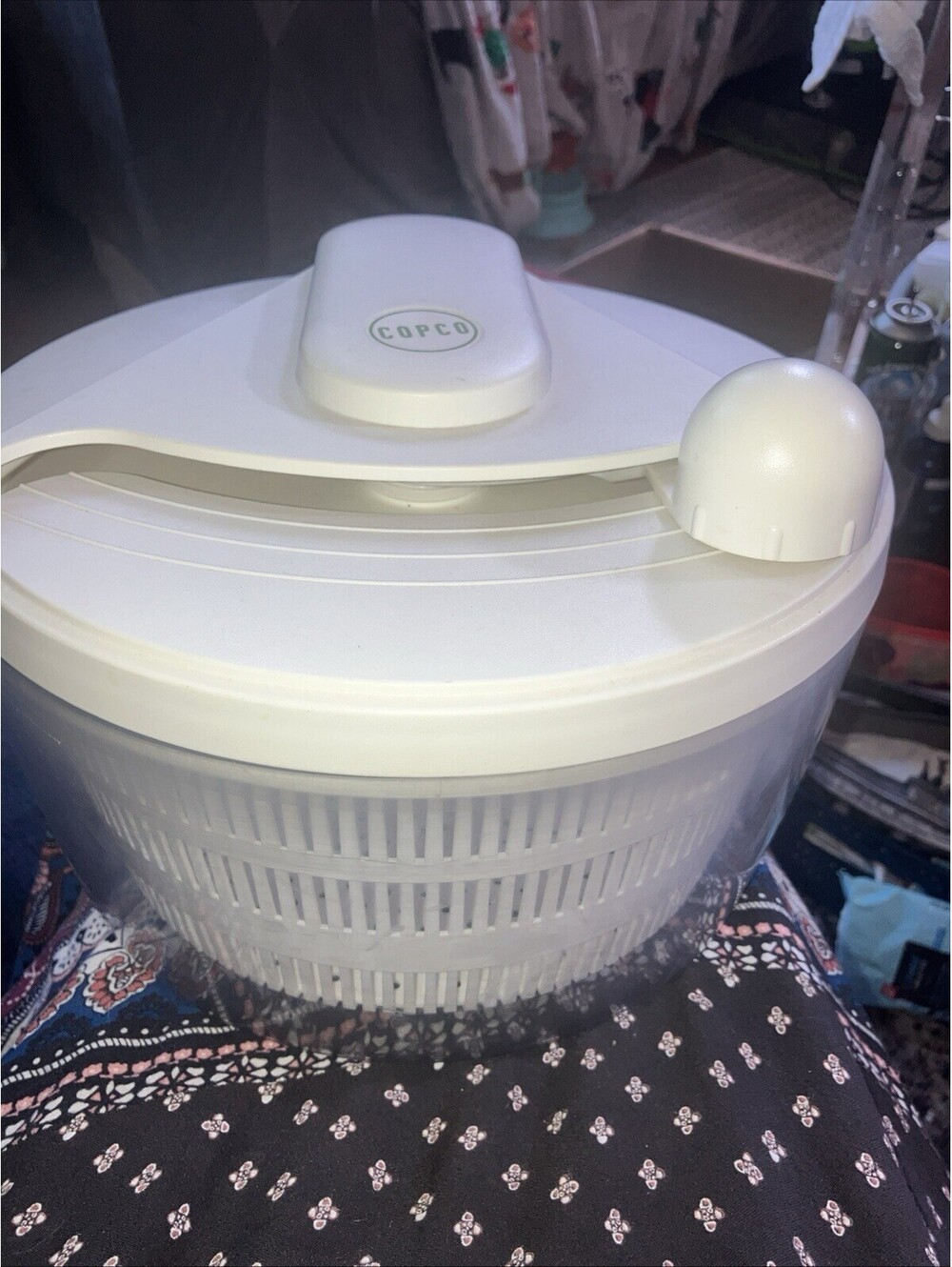 Vintage Copco Cream White Salad Spinner Manual Hand Crank Dryer Lettuce Washer